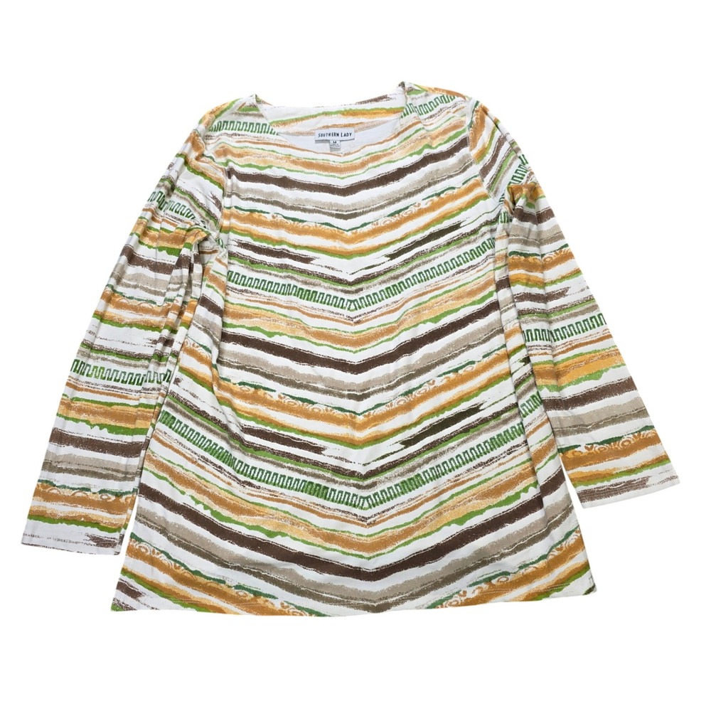 Southern Lady Chevron Stripe Boat Neck Top Womens Size M Green Brown Long Sleeve